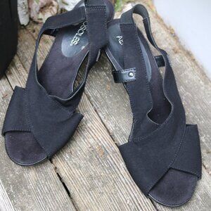 Aerosoles Black Fabric Criss Cross Open Toe Elastic Sling Back 3" Heels Sz 7